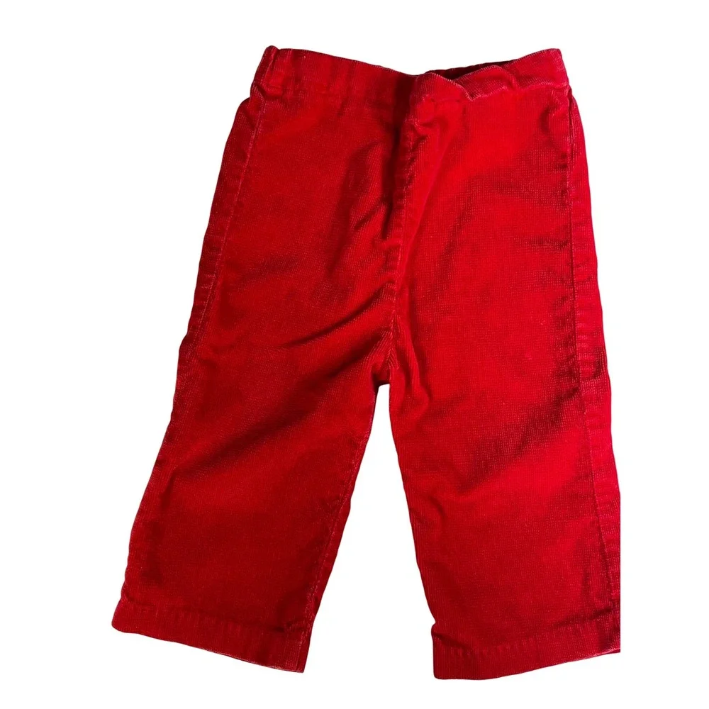 Vintage Red Corduroy Pinafore and Pants Set Lace Trim‎ Rose Detail Infant 18M